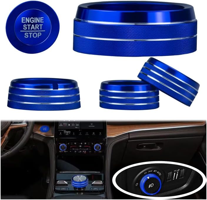 HDUFC for Jeep 2022-2025 Grand Cherokee/Grand Cherokee 4xe/Grand Cherokee L car Interior 6-Piece Set, Shift Switch, air Conditioning Adjustment, Headlight Switch knob, Start Button Cover/Ring (Blue) - Image 1